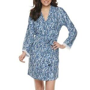 Gloria Vanderbilt Robe Housecoat Womens Plus 1X Navy Dream Knit Belted Wrap Lace
